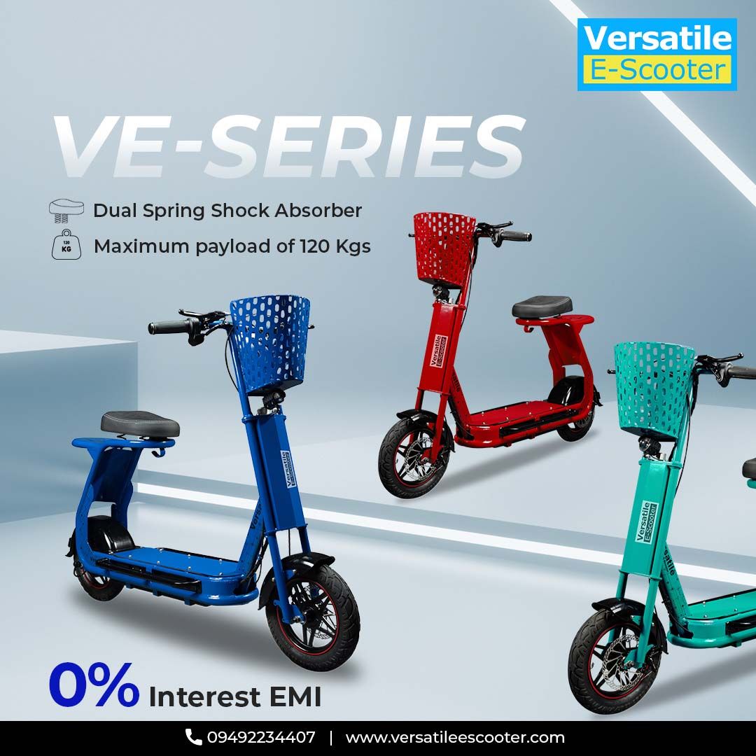 VersatileEV's tweet photo. Versatile Electric Scooter's VE Series: Affordable, reliable e-scooters with dual spring shock absorber, 120kg payload, and zero-interest EMI options. >https://t.co/PLR2zXido5 
>For More Details Call or Whatsapp us on 
+91 94922 34407 #electricscooter #versatileescooter #veseries https://t.co/eaZhwvCAMo