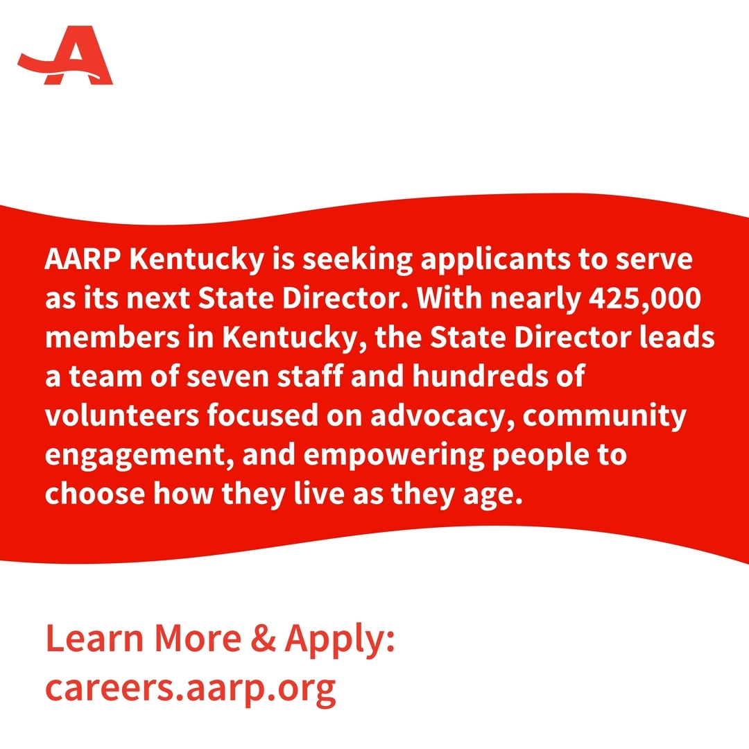 AARP Kentucky is seeking applicants to serve as its next State Director. With nearly 425k members in Kentucky, the State Director leads a team of seven staff and hundreds of volunteers. Learn More &amp; Apply:spr.ly/6012OYy9q #careers #AARP