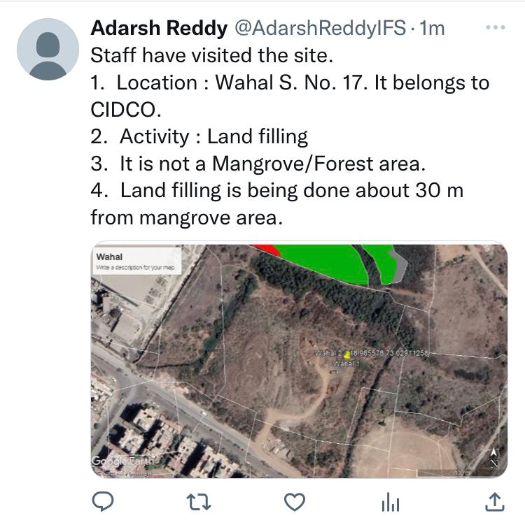 Sunil - Wetland Champion (@sunnyagro) on Twitter photo <a href="/AdarshReddyIFS/">Adarsh Reddy</a> <a href="/NaviMumbaiWetl1/">@SaveNaviMumbaiEnvironment</a> <a href="/CIDCO_Ltd/">CIDCO Ltd</a> <a href="/CMOMaharashtra/">CMO Maharashtra</a> <a href="/PanvelCorp/">Panvel Municipal Corporation</a> <a href="/mpcb_official/">Maharashtra Pollution Control Board</a> <a href="/MangroveForest/">Mangrove Foundation of Maharashtra</a> <a href="/CollectorRaigad/">Raigad District Collector</a> <a href="/RaigadPolice/">रायगड पोलीस-Raigad Police</a> <a href="/Dev_Fadnavis/">Devendra Fadnavis</a> <a href="/Devendra_Office/">@OfficeOfDevendra</a> <a href="/EnvironmentLife/">Environment Life Foundation</a> <a href="/KhargharWetland/">Kharghar Wetlands</a> <a href="/mid_day/">Mid Day</a> <a href="/moefcc/">MoEF&CC</a> <a href="/AneraoKailash/">Kailash Anerao</a> <a href="/igpmumbai/">India Greens Party - Mumbai</a> <a href="/GreenStalin/">Stalin</a> <a href="/ZeeNewsEnglish/">Zee News English</a> <a href="/RaigadPolice/">रायगड पोलीस-Raigad Police</a> <a href="/Navimumpolice/">नवी मुंबई पोलीस - Navi Mumbai Police</a>
<a href="/DGPMaharashtra/">महाराष्ट्र पोलीस - Maharashtra Police</a>
please take action.
DCF Mangroves confirms land filling happening in buffer zone of Mangroves. As per the orders of the Hon`ble High Court of Bombay in PIL 87 of 2006 The Police does not have to wait for the SDO or RO of MPCB to act <a href="/AdarshReddyIFS/">Adarsh Reddy</a> <a href="/NaviMumbaiWetl1/">@SaveNaviMumbaiEnvironment</a> <a href="/CIDCO_Ltd/">CIDCO Ltd</a> <a href="/CMOMaharashtra/">CMO Maharashtra</a> <a href="/PanvelCorp/">Panvel Municipal Corporation</a> <a href="/mpcb_official/">Maharashtra Pollution Control Board</a> <a href="/MangroveForest/">Mangrove Foundation of Maharashtra</a> <a href="/CollectorRaigad/">Raigad District Collector</a> <a href="/RaigadPolice/">रायगड पोलीस-Raigad Police</a> <a href="/Dev_Fadnavis/">Devendra Fadnavis</a> <a href="/Devendra_Office/">@OfficeOfDevendra</a> <a href="/EnvironmentLife/">Environment Life Foundation</a> <a href="/KhargharWetland/">Kharghar Wetlands</a> <a href="/mid_day/">Mid Day</a> <a href="/moefcc/">MoEF&CC</a> <a href="/AneraoKailash/">Kailash Anerao</a> <a href="/igpmumbai/">India Greens Party - Mumbai</a> <a href="/GreenStalin/">Stalin</a> <a href="/ZeeNewsEnglish/">Zee News English</a> <a href="/RaigadPolice/">रायगड पोलीस-Raigad Police</a> <a href="/Navimumpolice/">नवी मुंबई पोलीस - Navi Mumbai Police</a>
<a href="/DGPMaharashtra/">महाराष्ट्र पोलीस - Maharashtra Police</a>
please take action.
DCF Mangroves confirms land filling happening in buffer zone of Mangroves. As per the orders of the Hon`ble High Court of Bombay in PIL 87 of 2006 The Police does not have to wait for the SDO or RO of MPCB to act