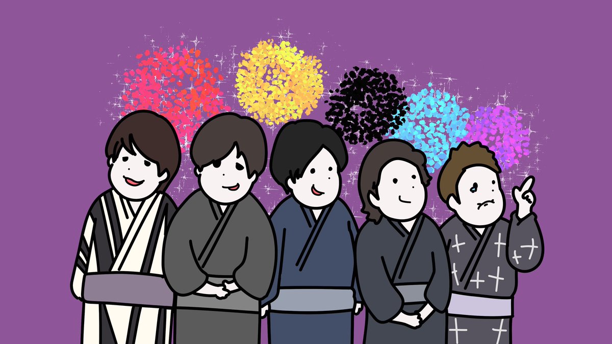 multiple boys japanese clothes kimono fireworks black hair smile purple background  illustration images