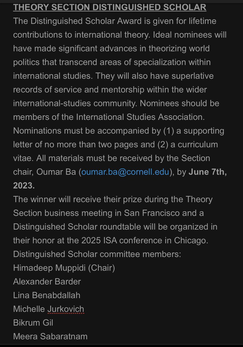 people of IR world, it’s time to send your nominations for the ISA Theory Section @TheorySectISA 2024 Distinguushed Scholar! email me your nomination by June 7, 2023