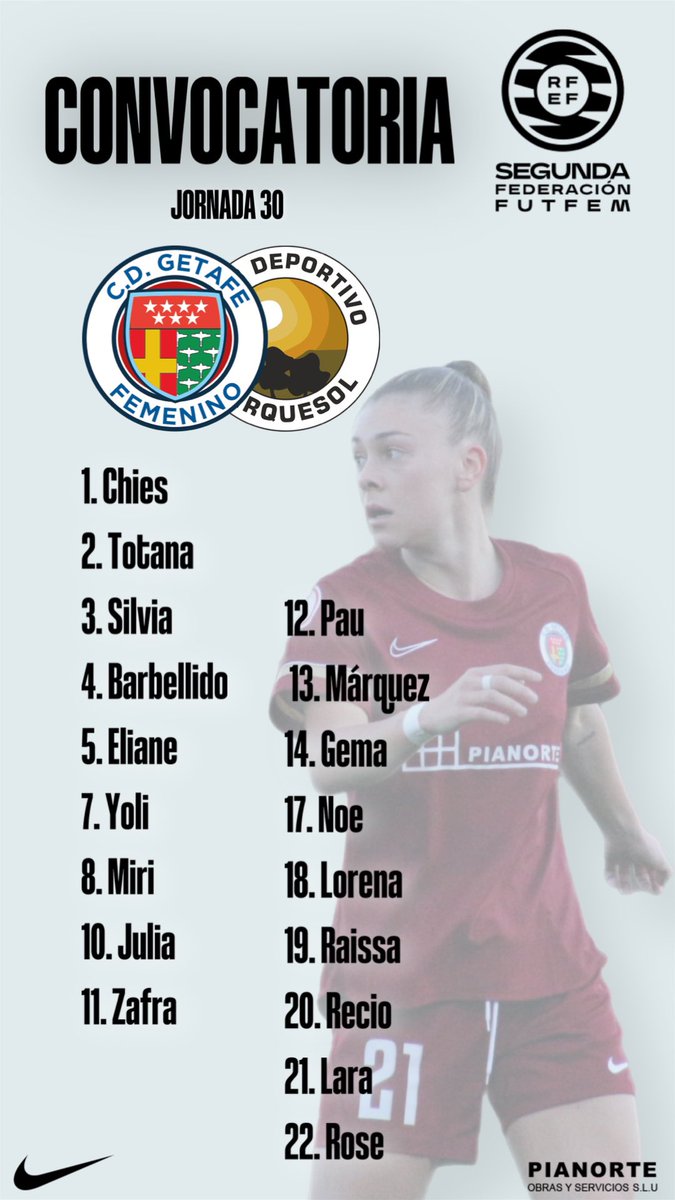 C. D. Getafe Femenino (@getafefem) on Twitter photo ๐ฆ๐ค๐จ๐๐ ๐๐๐ฆ๐ง๐๏ธ
๐๏ธ Estas son las jugadoras que se enfrentarรกn al <a href="/CDParquesolFem/">CD Parquesol Femenino</a> en el รบltimo partido de la temporada ๐ช๐ผ
A POR ELLO CHICASโผ๏ธ
#GetafeFemParquesol | #VamosGetafeFem ๐ฆ๐ค๐จ๐๐ ๐๐๐ฆ๐ง๐๏ธ
๐๏ธ Estas son las jugadoras que se enfrentarรกn al <a href="/CDParquesolFem/">CD Parquesol Femenino</a> en el รบltimo partido de la temporada ๐ช๐ผ
A POR ELLO CHICASโผ๏ธ
#GetafeFemParquesol | #VamosGetafeFem