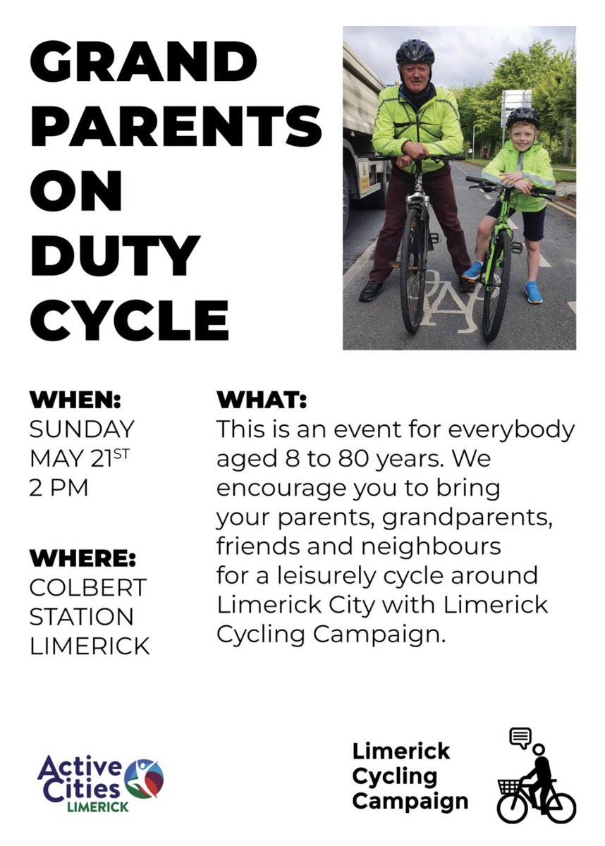 Come join us tomorrow on our Grandparents on Duty cycle - as we cycle the city demonstrating that all ages want to cycle &amp; we need safe infrastructure to support universal access. 

We’ll get you home before the match!! 🟢⚪️ #LuimneachAbú

#BikeWeek2023 #Limerick
