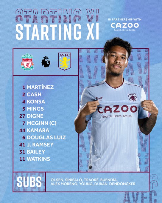 Aston Villa team to face Liverpool: Martínez, Cash, Konsa, Mings, Digne, McGinn (captain), Kamara, Douglas Luiz, Jacob Ramsey, Bailey, Watkins. Substitutes: Olsen, Sinisalo, Traoré, Buendía, Álex Moreno, Young, Durán, Dendoncker. 