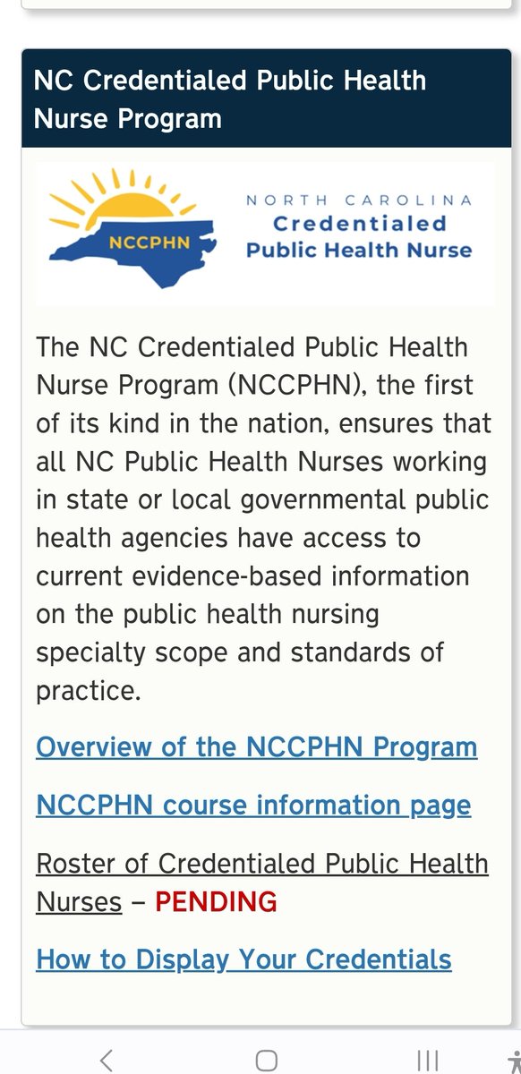 Check out the new NC Credentialed Public Health Nurse Program through <a href="/ncdhhs/">NCDHHS</a> Office of the Chief #PublicHealthNurse!

dph.ncdhhs.gov/lhd/
#CredentialedPHN
<a href="/ncphnursing/">NC Public Health Nursing Community</a> 
#CPHN
