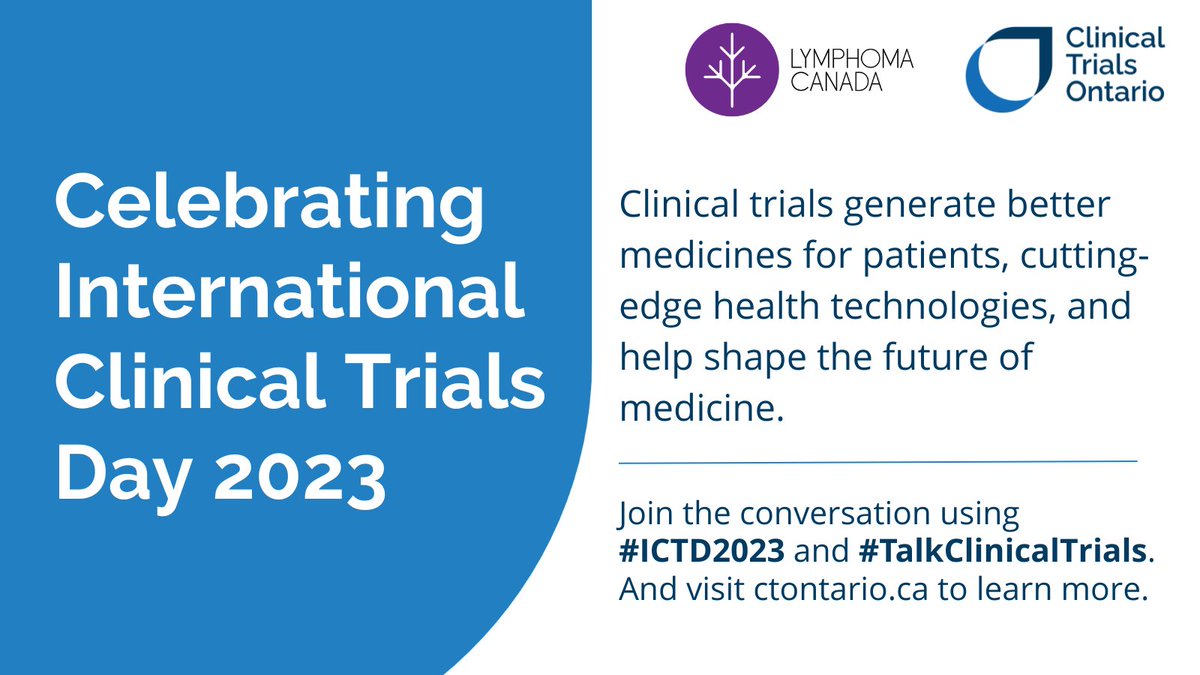 Today is International Clinical Trials Day! Clinical trials generate better medicines for patients, cutting-edge health technologies, and help shape the future of medicine. Attend our webinar on June 6 at 4 pm to learn more: lymphoma.ca/clinical-trial…
#ICTD2023 #TalkClinicalTrials