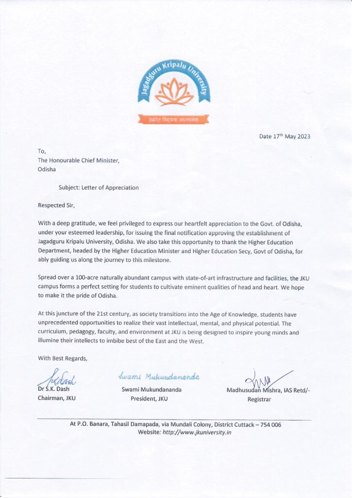 Jagat Guru Kripalu University has appreciated the Hon'ble Chief Minister of Odisha for notifying the establishment of new Private University in Odisha. <a href="/CMO_Odisha/">CMO Odisha</a> <a href="/rohitpujaribjd/">Rohit Pujari</a> @BPSethi
