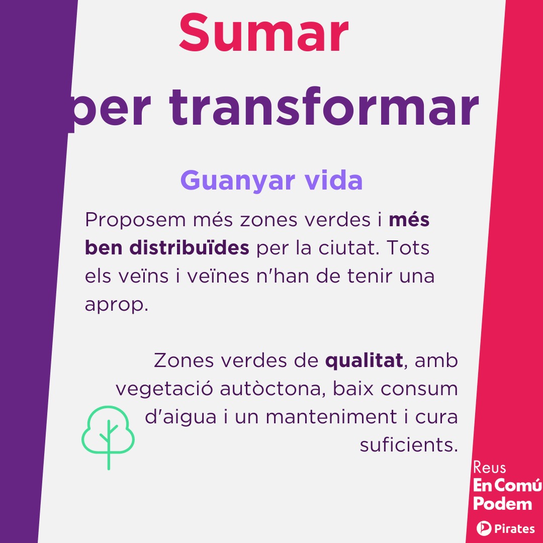 encomupodemreus's tweet photo. 🌳 Proposem duplicar els metres quadrats de zones verdes de la ciutat. Que siguin accessibles per tothom, de més qualitat i més ben conservades 🟣🏴☠️
#SumarPerTransformarReus https://t.co/wXnwwe9pqO