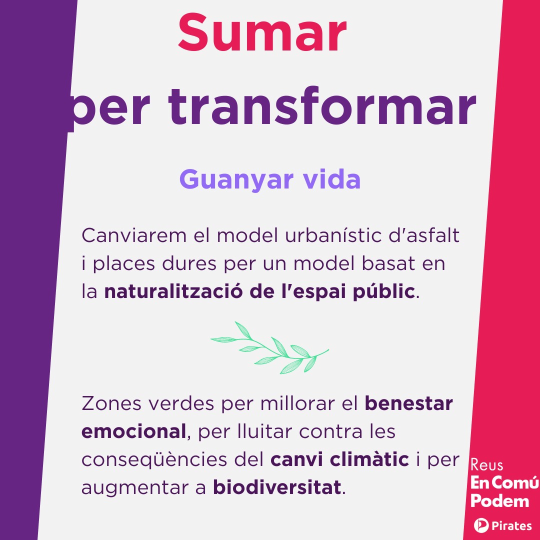 encomupodemreus's tweet photo. 🌳 Proposem duplicar els metres quadrats de zones verdes de la ciutat. Que siguin accessibles per tothom, de més qualitat i més ben conservades 🟣🏴☠️
#SumarPerTransformarReus https://t.co/wXnwwe9pqO