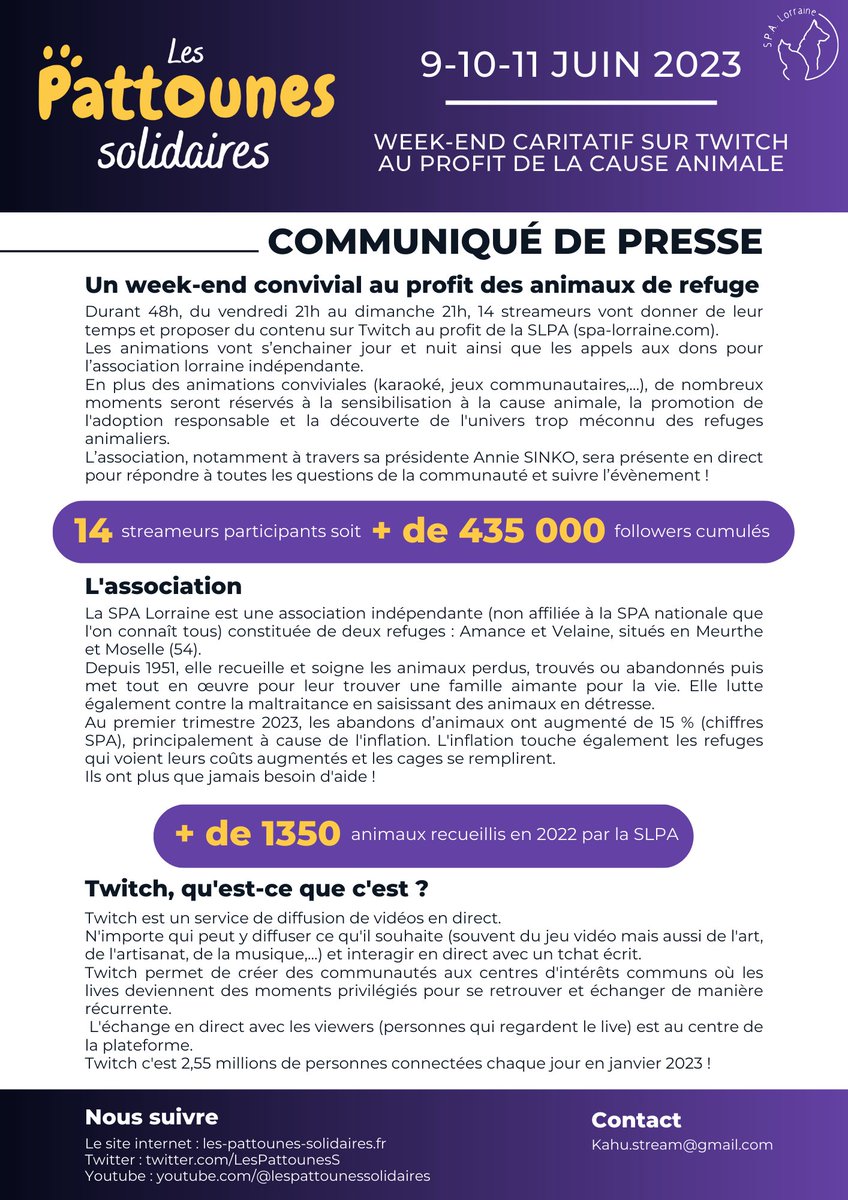 Communiqué de presse 📰

N'hésitez pas à relayer pour faire parler des Pattounes Solidaires 🐶🐱

<a href="/TwitchFR/">Twitch FR</a> <a href="/courbet_julien/">Julien Courbet</a> <a href="/mythiXTrinity/">Trinity • #Trinitrip 🇻🇳</a> <a href="/GiusTV/">Gius</a> <a href="/30millionsdamis/">Fondation 30 Millions d'Amis</a> <a href="/FBB_Officiel/">Fondation Brigitte Bardot</a> <a href="/lerepu/">Le Républicain Lorrain</a> <a href="/lestrepublicain/">L'Est Républicain</a> <a href="/F3Lorraine/">France 3 Lorraine</a> @espritdog_press <a href="/AnnieSinko/">Annie SINKO</a> @spa_lorraine