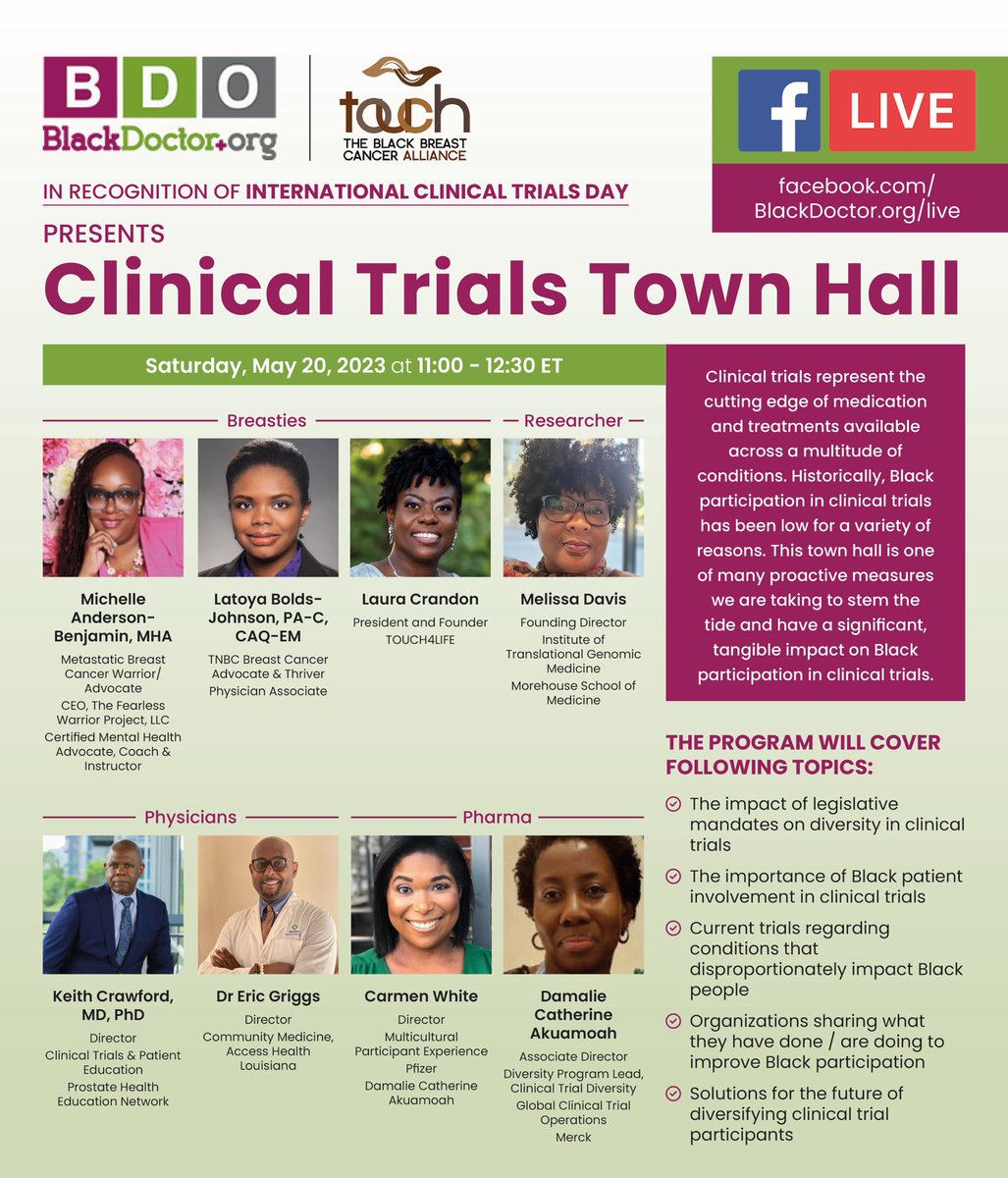 TODAY with <a href="/blackdoctor_org/">BlackDoctor</a> !
INTERNATIONAL CLINICAL TRIALS DAY!
#clinicaltrials #WhenWeTrial #ClinicalTrialsDay @Pfizer <a href="/Merck/">Merck</a>