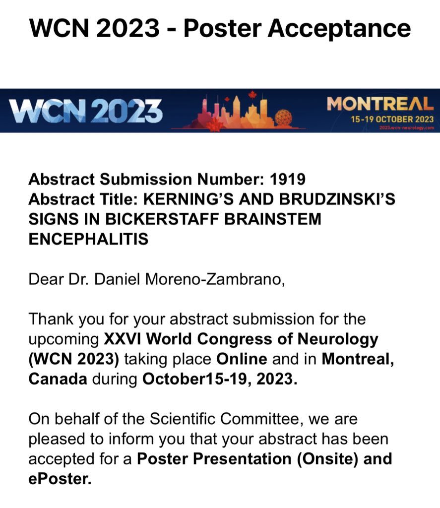 Going to Montreal! 🍁Honored to be presenting at the #WCN2023 next to @mabelensolisma 🧠🧠🧠 See you there! #Neurotwitter #MedTwitter @wfneurology @LarkinHospital @larkinneurons