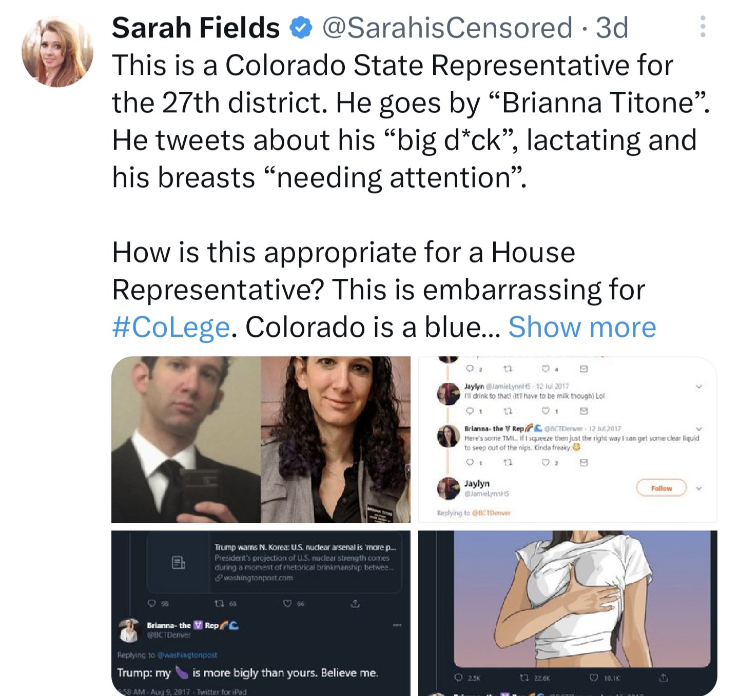 Rep Brianna Titone - COHD27 on X: Fields: I'm so insecure, blinded by anti  trans rage, and obsessed with genitalia, I forgot how to read punctuation  and missed the joke. The haters