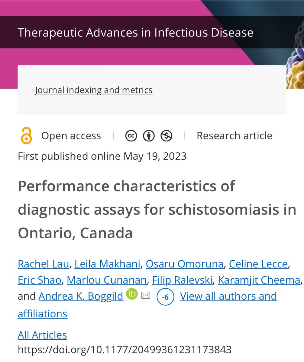 Andrea Boggild, MD (@boggildlab) on Twitter photo ❗️Publication alert❗️Out in <a href="/TAInfDis/">Therapeutic Advances in Infectious Disease</a> : diagnostic assays for #schistosomiasis 👇🪱 Without CCA, serology is our mainstay diagnostic.
Congratulations to super⭐️ team members <a href="/rachel___lau/">Rachel Lau</a> <a href="/LeilaFMakhani/">Leila</a> <a href="/osaru_omoruna/">osaru omoruna</a> <a href="/celinelecce_/">Celine Lecce</a> <a href="/EricShao15/">Eric Shao</a> & MLTs 🙌👏
journals.sagepub.com/doi/10.1177/20… ❗️Publication alert❗️Out in <a href="/TAInfDis/">Therapeutic Advances in Infectious Disease</a> : diagnostic assays for #schistosomiasis 👇🪱 Without CCA, serology is our mainstay diagnostic.
Congratulations to super⭐️ team members <a href="/rachel___lau/">Rachel Lau</a> <a href="/LeilaFMakhani/">Leila</a> <a href="/osaru_omoruna/">osaru omoruna</a> <a href="/celinelecce_/">Celine Lecce</a> <a href="/EricShao15/">Eric Shao</a> & MLTs 🙌👏
journals.sagepub.com/doi/10.1177/20…