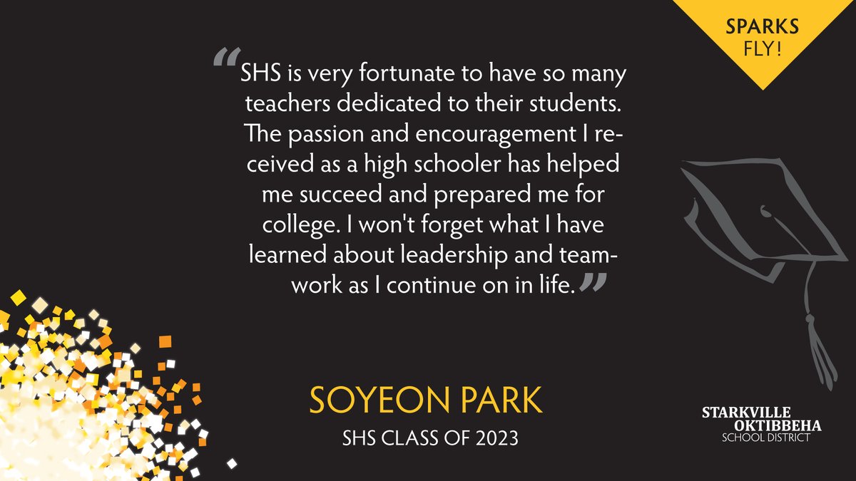 Help us celebrate #SHSClassof2023 graduate: SOYEON PARK
After graduation, Soyeon will attend Purdue University

Share your congrats in the replies & read more at Instagram.com/jacketseniorcl…
#StarkvilleSpark #JacketNextLevel