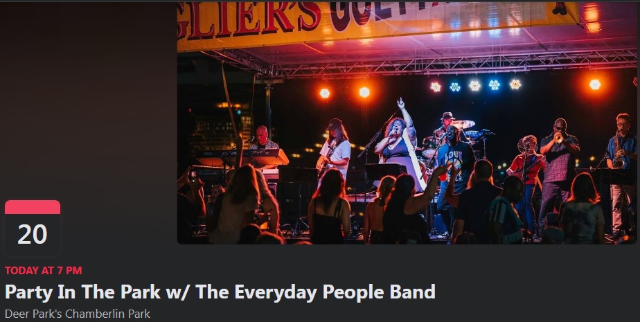We're @ Chamberlin Park in #DeerPark @ 7pm for #PartyInThePark. Bring your #friends, #family, and #DancingShoes!
#bandforhire #outdoorconcert #corporateevents #danceband #funkmusic #livemusic #MotownBand #MotownMusic #partyband #popmusic #SpecialEvents #weddingband #Summernights
