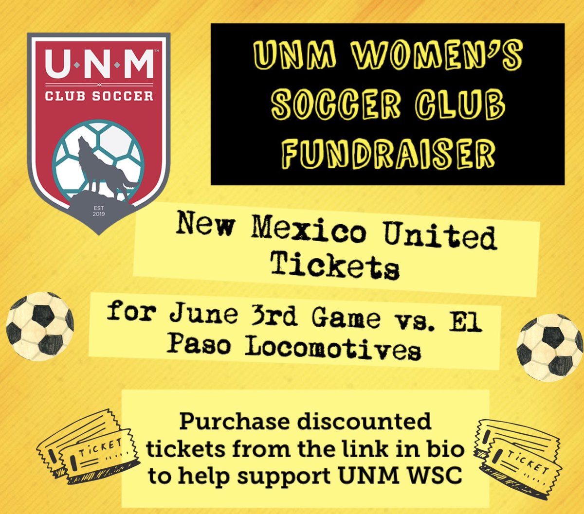 UnmClub's tweet photo. Fundraiser! 🎫 
Support UNMWSC and NM United when you purchase tickets from the link in our bio! A portion of sales go to our club. Thank you!  

#nmsoccer #nmunited #newmexicosoccer #newmexicounited #abqsoccer #isotopespark #clubsoccer #golobos #lobosoccer #somosunidos https://t.co/DewsJ1gC9x