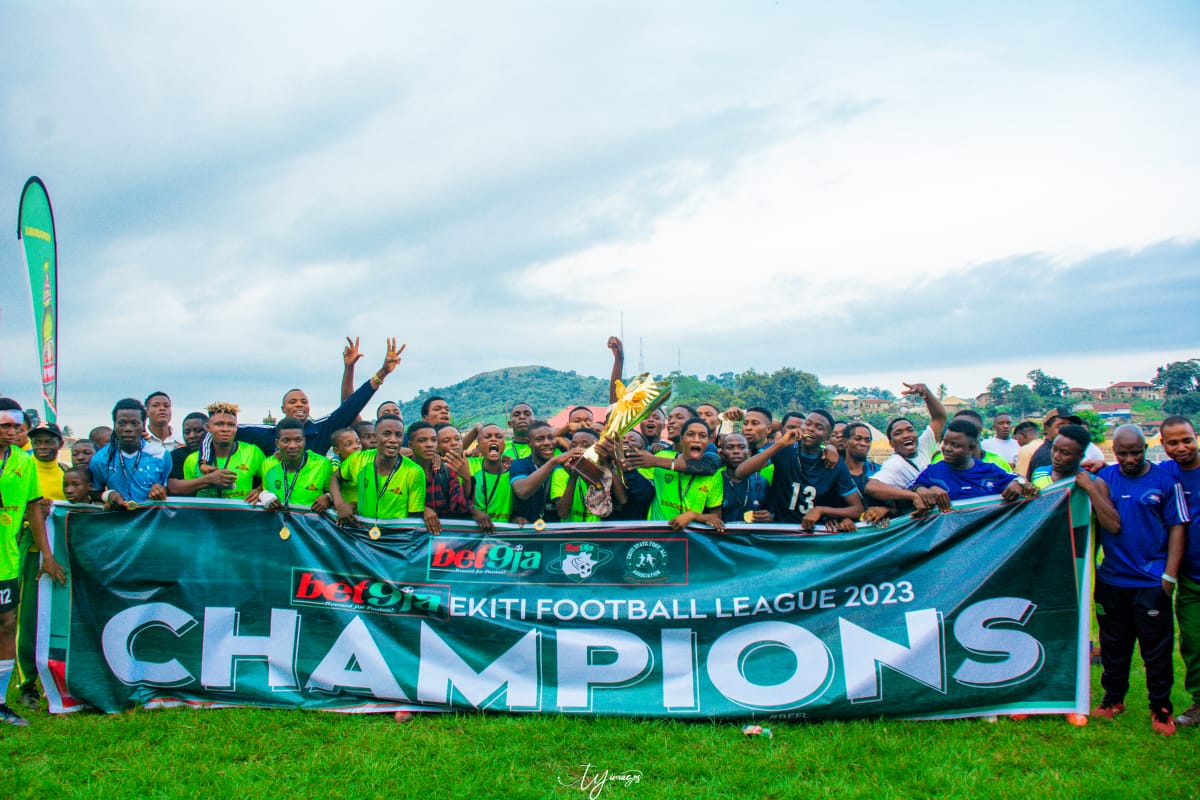 Adepoju Tobi Samuel 🇳🇬 (@oganlamedia) on Twitter photo Are FC has emerged as <a href="/Bet9jaEFL/">Bet9ja Ekiti Football League</a> champions, they defeated Rajjy FC 3-0 in the final.
The <a href="/EkitiFootball/">Ekiti State Football Association</a> has successfully hosted another State League season, making the state one of the few with a State League with a sponsor (<a href="/Bet9jaOfficial/">Bet9ja: The home of #betBOOM! 💣</a>).
Kudos to <a href="/BayoOlanlege/">Bayo Olanlege</a> & his team. Are FC has emerged as <a href="/Bet9jaEFL/">Bet9ja Ekiti Football League</a> champions, they defeated Rajjy FC 3-0 in the final.
The <a href="/EkitiFootball/">Ekiti State Football Association</a> has successfully hosted another State League season, making the state one of the few with a State League with a sponsor (<a href="/Bet9jaOfficial/">Bet9ja: The home of #betBOOM! 💣</a>).
Kudos to <a href="/BayoOlanlege/">Bayo Olanlege</a> & his team.