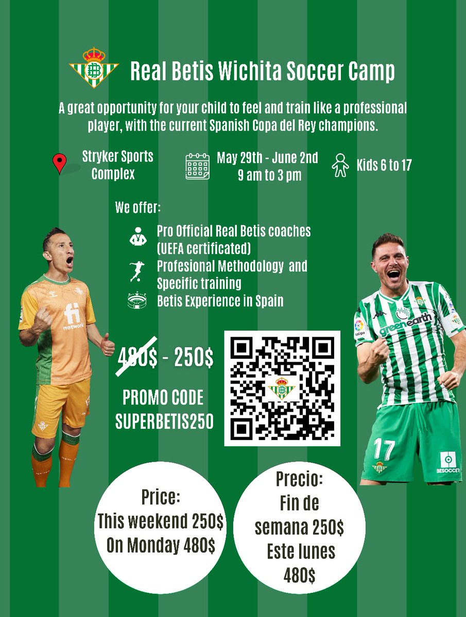 Don't miss out on this deal! Register for the Real Betis soccer camp by Monday 22nd for big savings!

Camp runs May 29 - Friday, June 2, 9AM to 3PM. For kids ages 6 to 17. 

psisocceracad.com/Betis

#soccercamp #wichita #soccerwichita #strykersportcomplex #realbetis #laliga