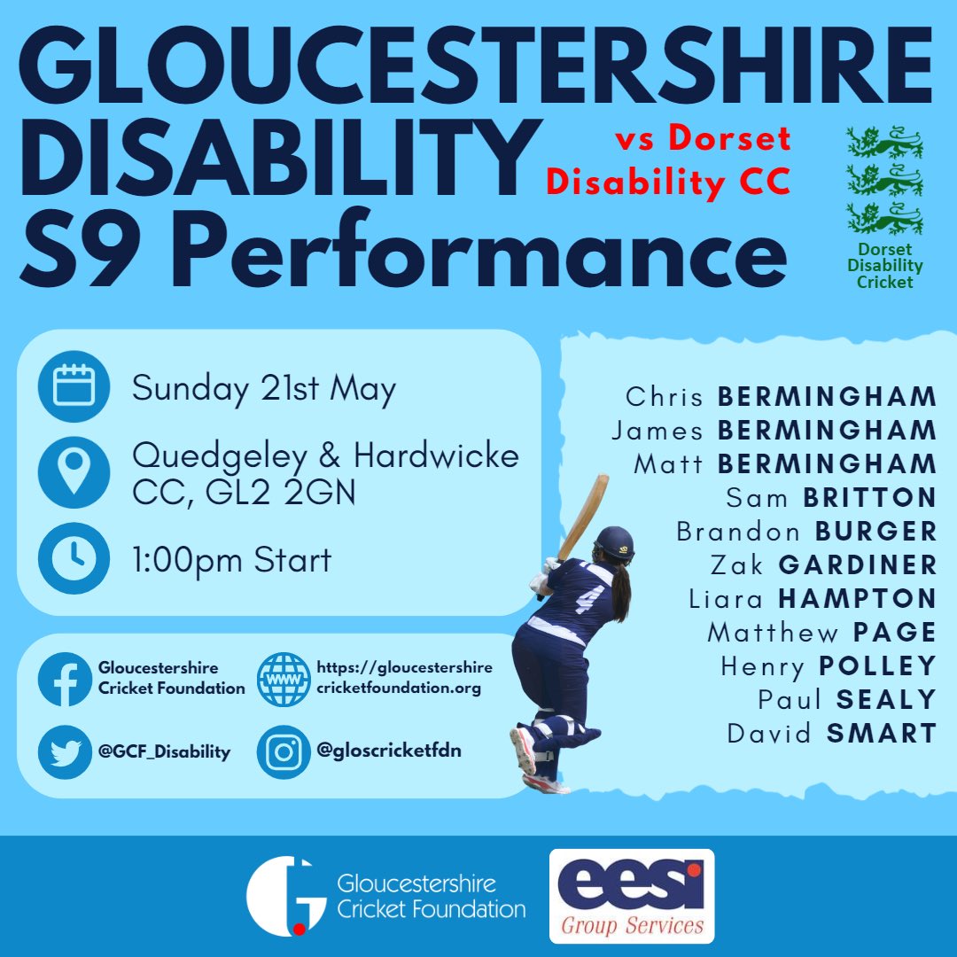 GCF_Disability's tweet image. Gloucestershire Disability S9 Performance play @DorsetCricket S9’s tomorrow @Qued_hardcc 

While S9 Pairs team travel to @IltonCC to play @SomDisabledCC dragons 

Come along and support the teams 

@EESILtd 
@PainswickScores 
@FrenchayCC 
#GameForAll
#Disability