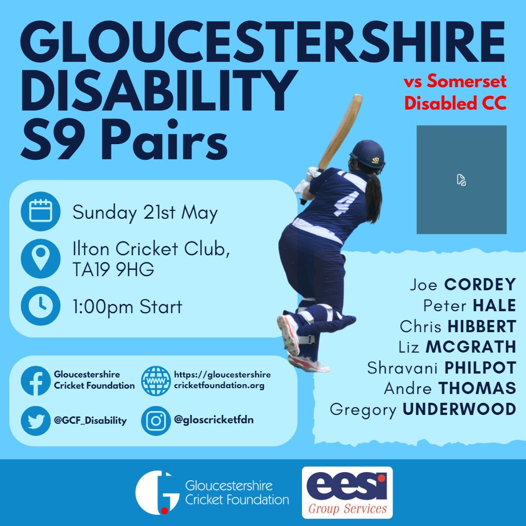 GCF_Disability's tweet image. Gloucestershire Disability S9 Performance play @DorsetCricket S9’s tomorrow @Qued_hardcc 

While S9 Pairs team travel to @IltonCC to play @SomDisabledCC dragons 

Come along and support the teams 

@EESILtd 
@PainswickScores 
@FrenchayCC 
#GameForAll
#Disability