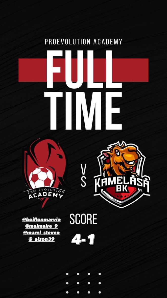 ProEvolutionAcd's tweet image. ⚫️🔴 FULL TIME ⚫️🔴 

ProEvolution 4-1 Kamelasa BK

⚽️Marvin Boillon
⚽️Martin Maire 
⚽️Steven Marel 
⚽️Elson Zogejani 

Good Performance 👏

⚫️🔴
