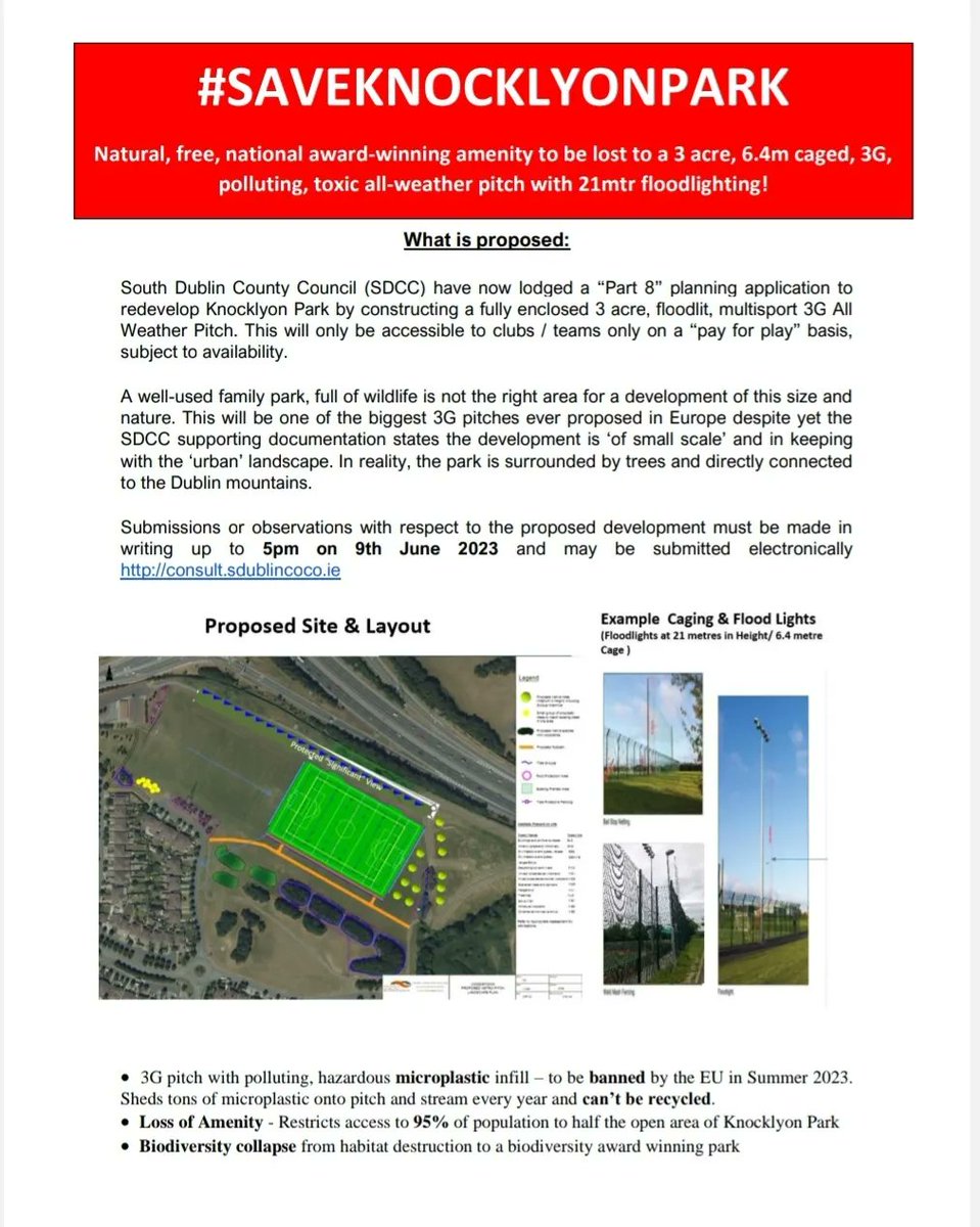 SaveKnocklyonPk's tweet photo. This polluting floodlit astro will be DISASTROUS for all park users and protected wildlife in Knocklyon Park. Lots of reasons to object- have a look at our list! https://t.co/jw5pm5UgLN