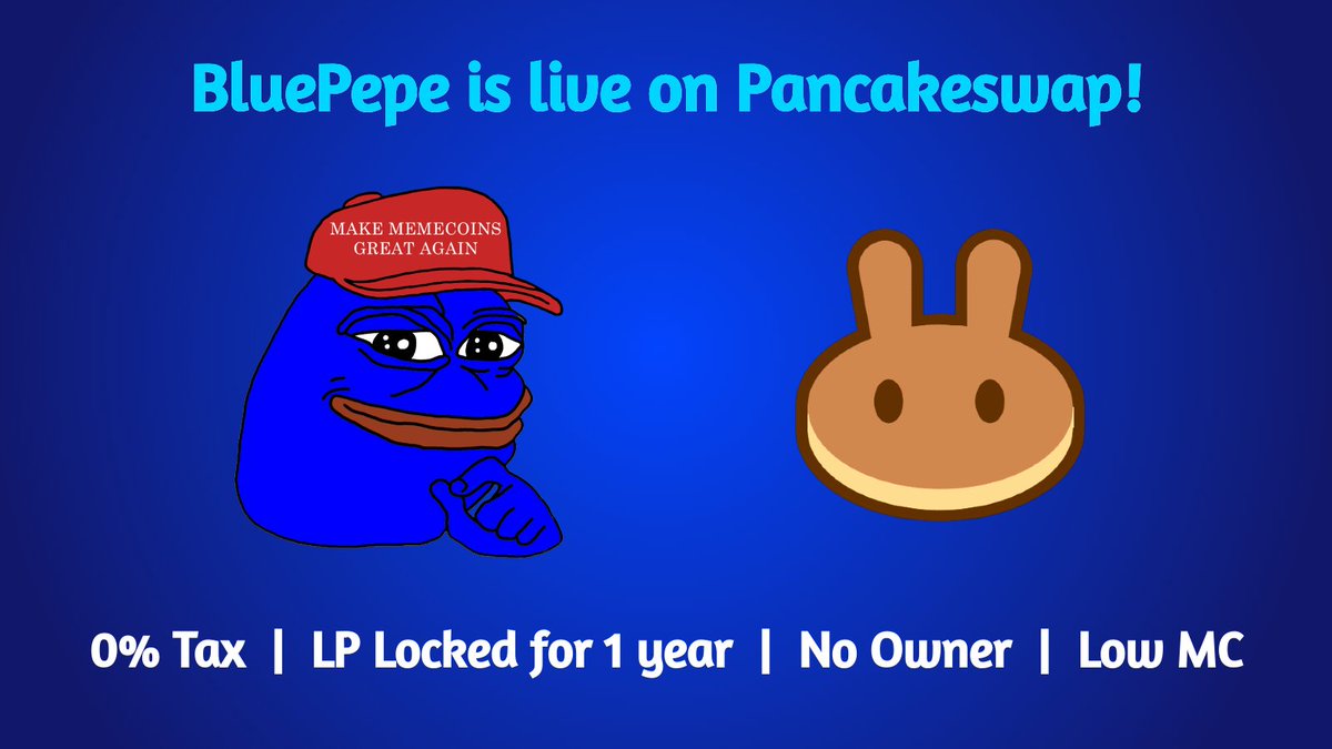 BluePepeToken's tweet photo. 🚀 $BEPE is LIVE on PanCakeSwap! 🥞

✅ No Taxes ✅ No Owner ✅ Low MC
🛡 KYC 🛡 Audit 🔒 LP locked for 1 year

💎 Don't miss your chance to ride the blue wave of #PEPE! 💙

Buy now on PanCakeSwap: https://t.co/wVpk0peQuU

#BEPE #LowMarketcap #memecoinseason2023 #BSCGEM #100xgem https://t.co/c8CmHvuyz3