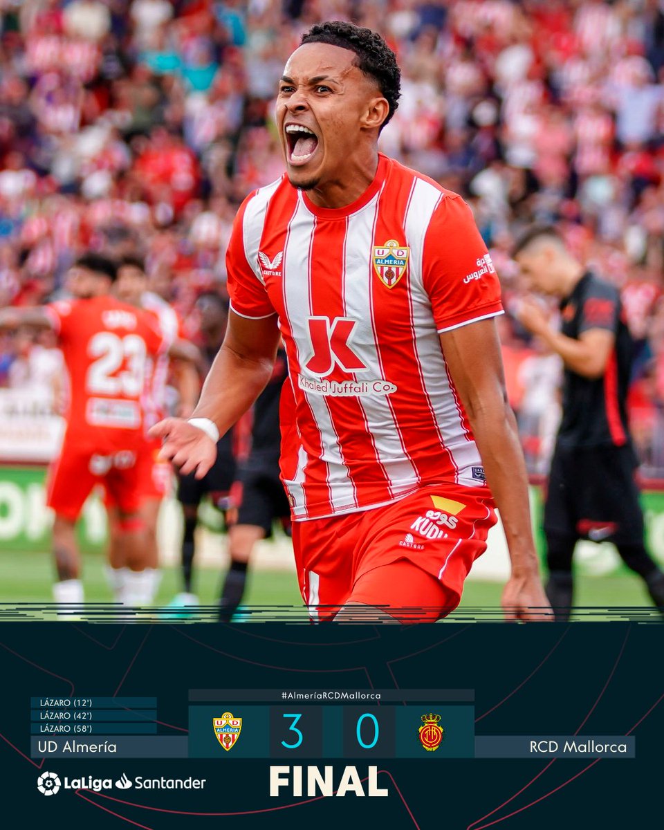 FINAL #AlmeríaRCDMallorca 3-0

¡Vital victoria del <a href="/U_D_Almeria/">UD Almería</a> con un hat-trick de <a href="/Lazarovini10/">Lázaro</a>!

#LaLigaSantander