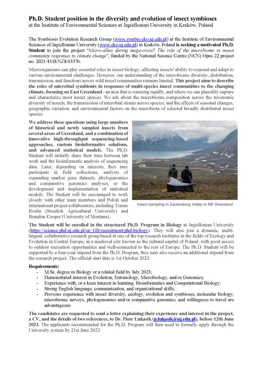Piotr Łukasik (@sympiotr) on Twitter photo Looking for a #PhDStudent interested in the diversity, transmission and functions of #insect #microbiota using cutting-edge sequencing and bioinformatics tools - and fieldwork in the Arctic! Join us <a href="/JagiellonianEco/">JagiellonianEco</a> in Poland. Details below and at symbio.eko.uj.edu.pl/en_GB/ 1/2 Looking for a #PhDStudent interested in the diversity, transmission and functions of #insect #microbiota using cutting-edge sequencing and bioinformatics tools - and fieldwork in the Arctic! Join us <a href="/JagiellonianEco/">JagiellonianEco</a> in Poland. Details below and at symbio.eko.uj.edu.pl/en_GB/ 1/2