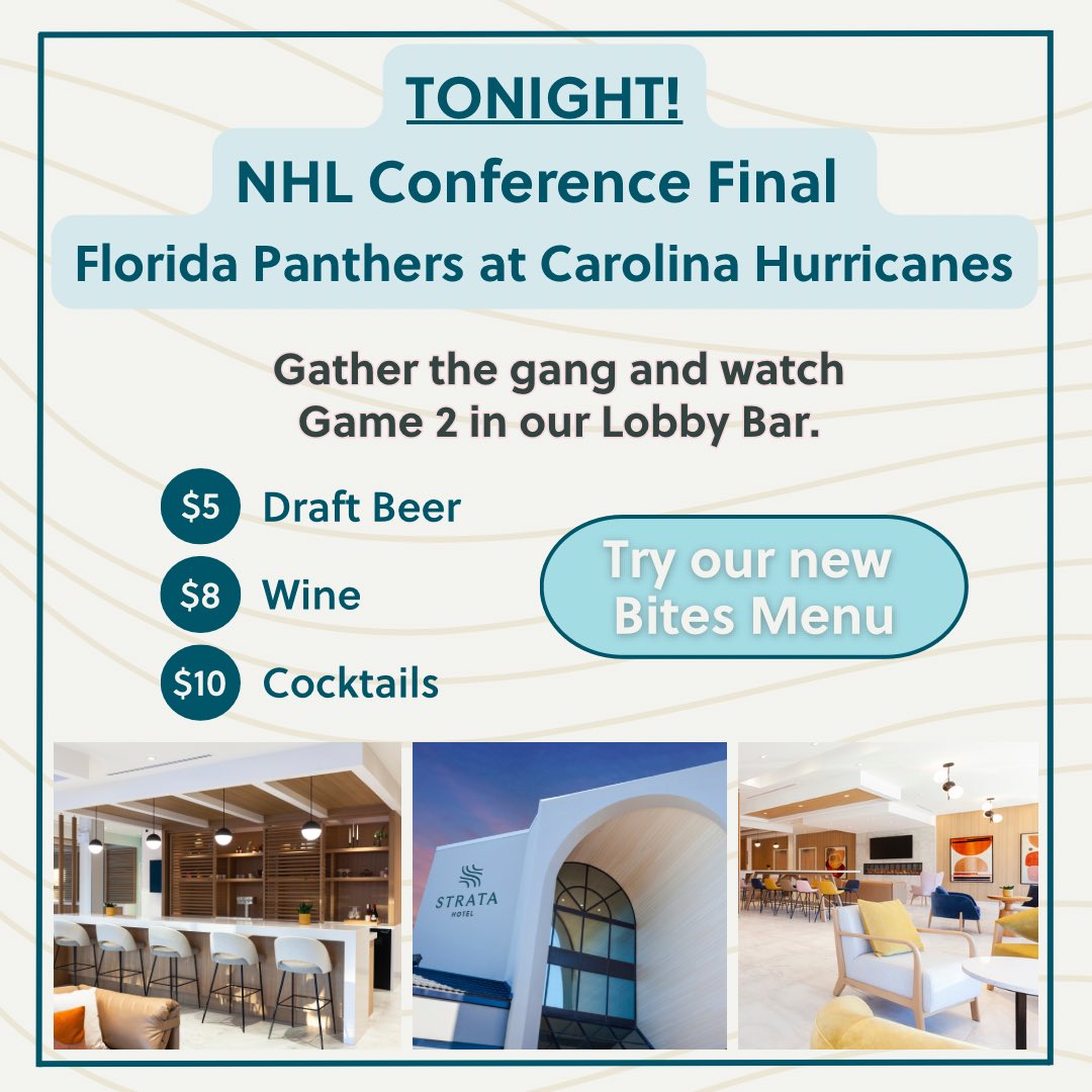 StrataHotel's tweet photo. Puck drops at 8pm tonight! Watch the game on the big screen in our Lobby Bar and take advantage of great drink specials and our new Bites menu. See you soon.
…
#NHLconferencefinal #game2 #stratahotel #lobbybar #bringthegang #ygk #yumgk #ygkfood https://t.co/6M9rufFjP1