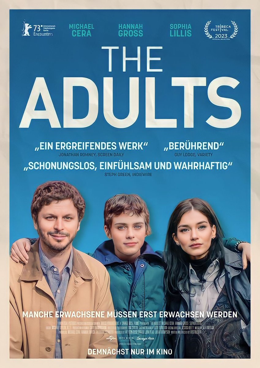 The official German poster for The Adults, starring Michael Cera & Sophia Lillis, set to debut internationally this summer.
