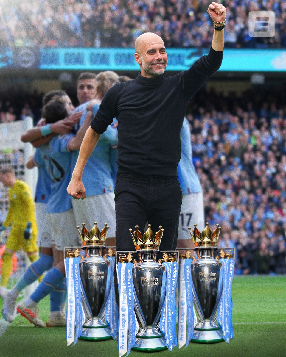ESPNFC's tweet image. Three Premier League titles in a row for Pep Guardiola and Man City 👏

Dominance 😤