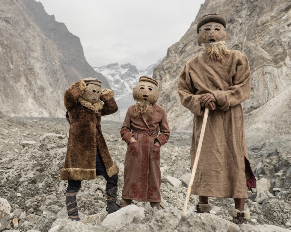 A family poses in pumpkin masks trimmed with goat hair during the reenactment of a “glacier mating” ceremony on the Shispare Glacier in Hunza Valley, Pakistan.

Photograph by Matthieu Paley.