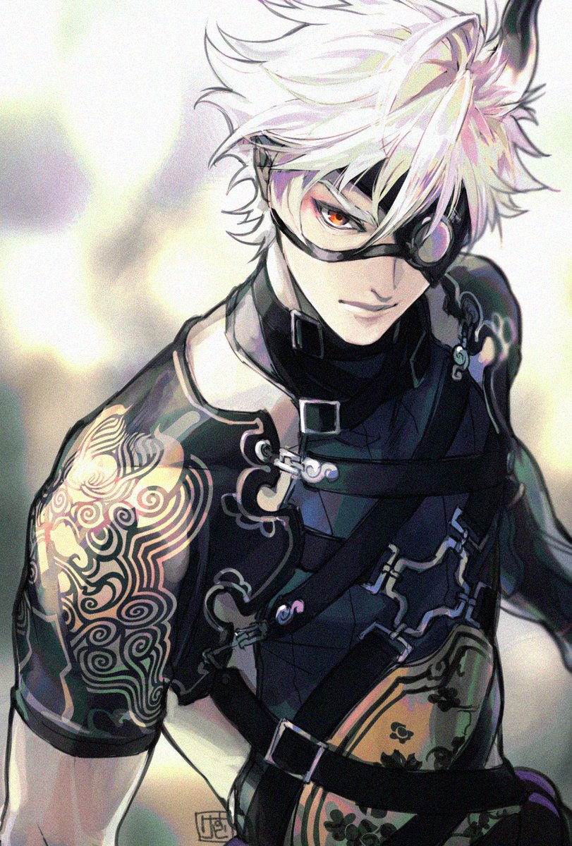 1boy male focus solo white hair eyepatch looking at viewer orange eyes  illustration images