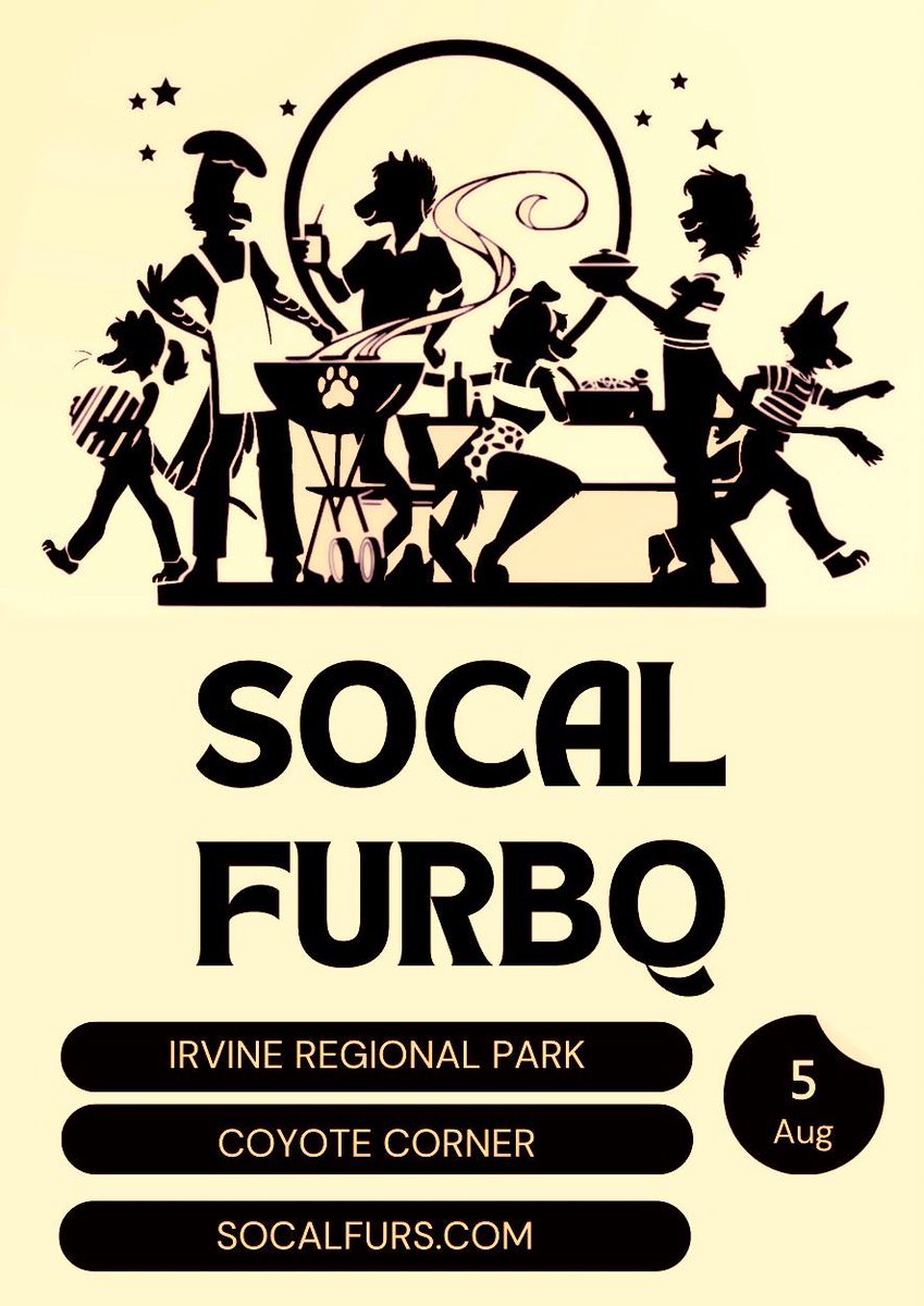 As a reminder once again, SoCal FurBQ is August 5th! We have this lovely poster for you to share with people you know made by the wonderful <a href="/ScoutPawfoot/">🌴✨Scout Pawfoot 🔜, MFF, ANW, FFF✨🌴</a> ! Check the links below for carpooling and what you can/might bring.