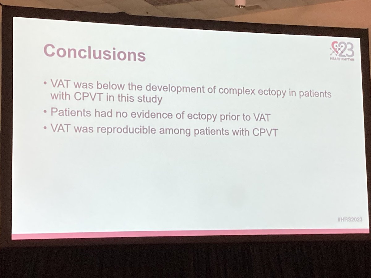 Great job by Dr. Aronoff! VT doesn’t seem to happen before anaerobic threshold in patients with CPVT. Needs to be confirmed but is low-intensity aerobic exercise safe in these patients? Does lactic acid play a role in VT for these patients? More work to be done!  #HRS23