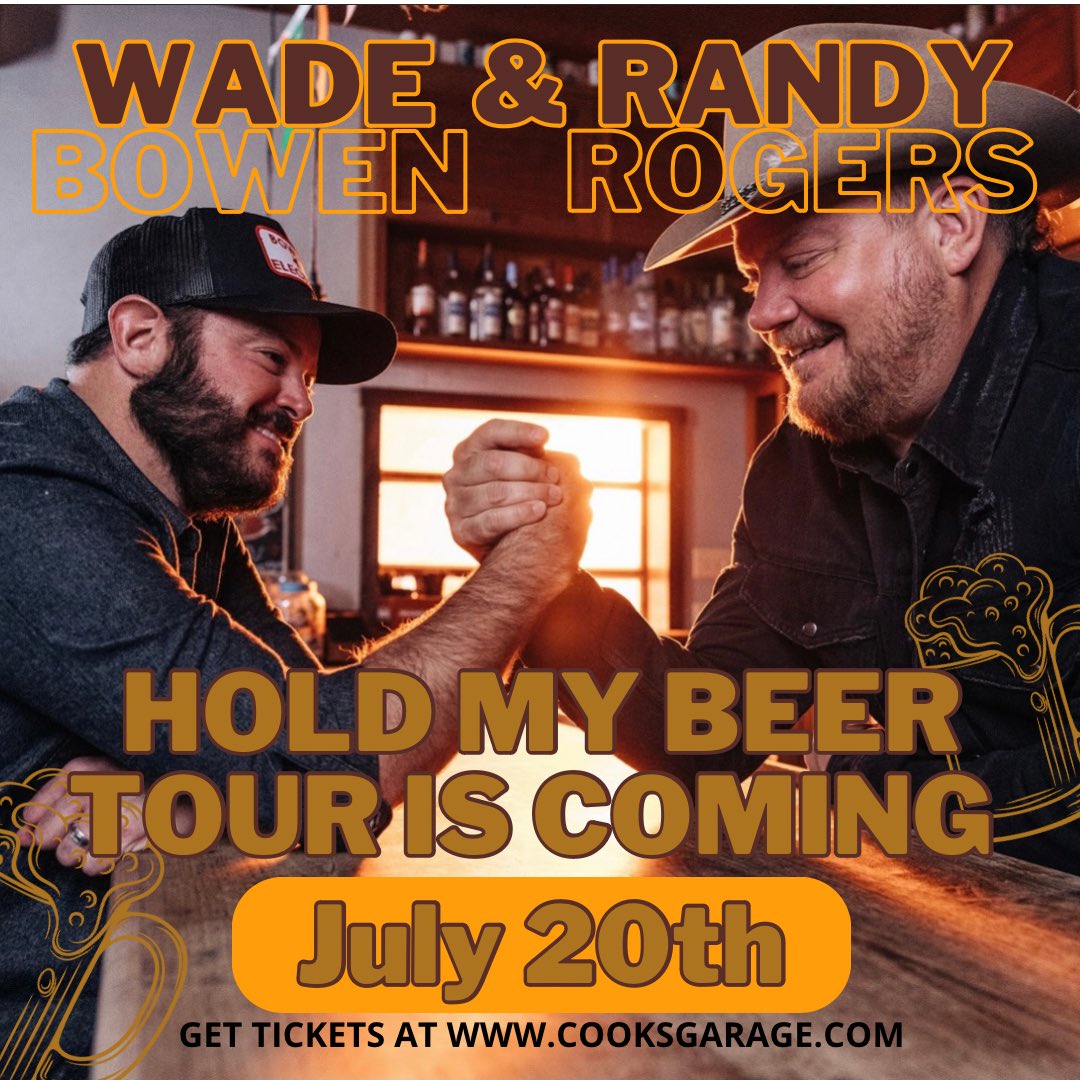 CookGarage's tweet photo. One of our favorite duos is coming back to the garage for the Hold My Beer Tour! 
•
•
@randyrogersband &amp; @WadeBowen are coming back July 20th! Get your tickets at https://t.co/SxBPEc3Vce #cooksgarage #holdmybeer #randyrogers #wadebowen #beer #outdoorconcert #lubbock #lubbocktx https://t.co/SjoQBHNL4e