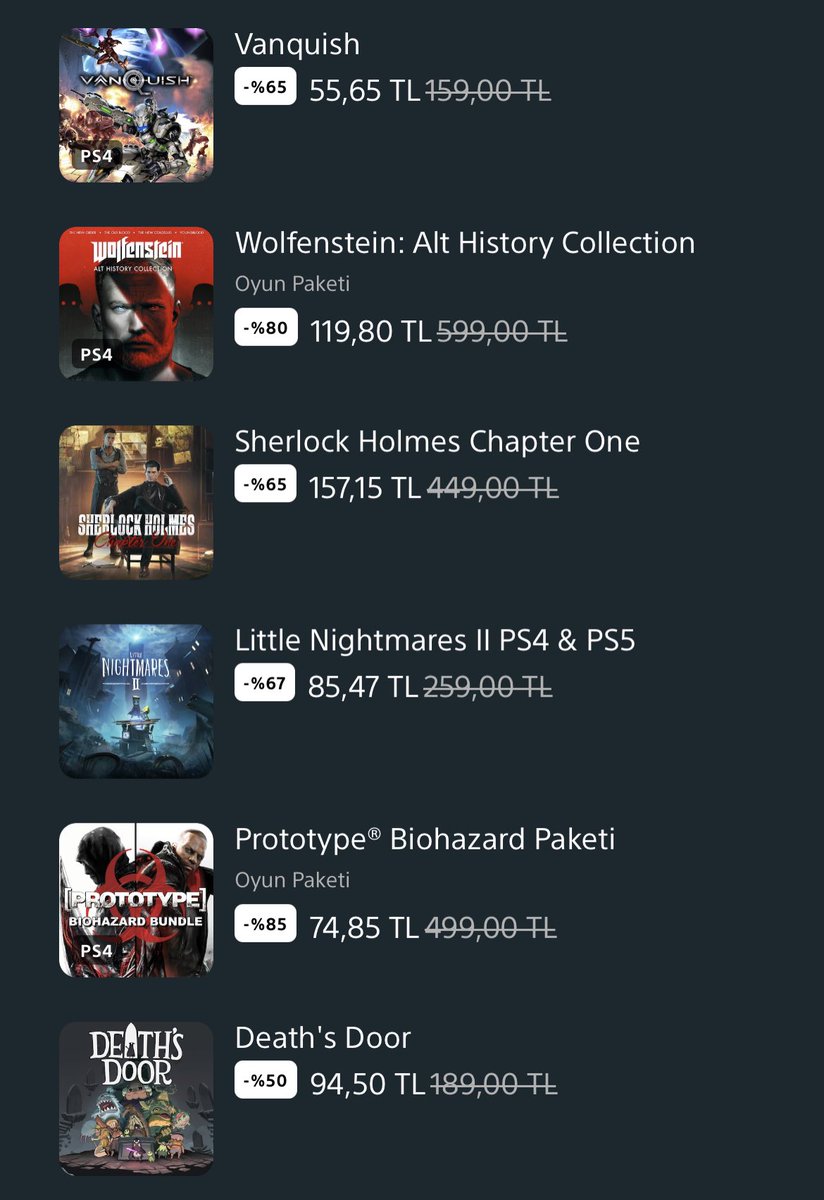 Son PlayStation Store indirimlerinden daha önce bende olmayan aşağıdaki oyunları aldım. 

Aşağıda belirttiğim oyunlar güzel indirime girmiş. Size de tavsiye ederim.

▫️Vanquish | 55,65 TL
▫️Prototype Biohazard Paketi | 74,85 TL
▫️Little Nightmares 2 | 85,47 TL
▫️Death's Door |…