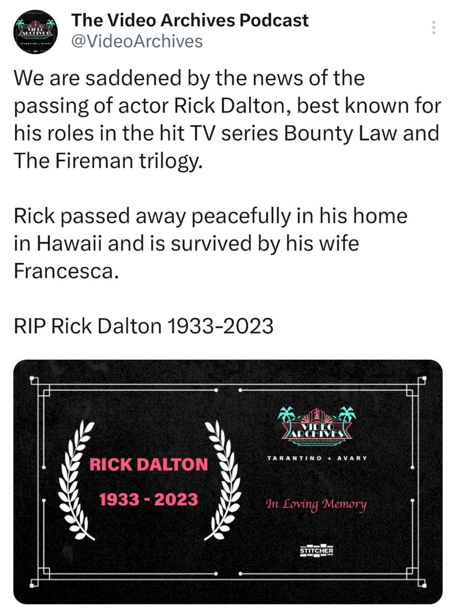 ATRightMovies's tweet photo. Quentin Tarantino announced the passing of RICK DALTON and everyone's getting in on the fun. Great actor, to be fair. https://t.co/UfK9NQYWJl