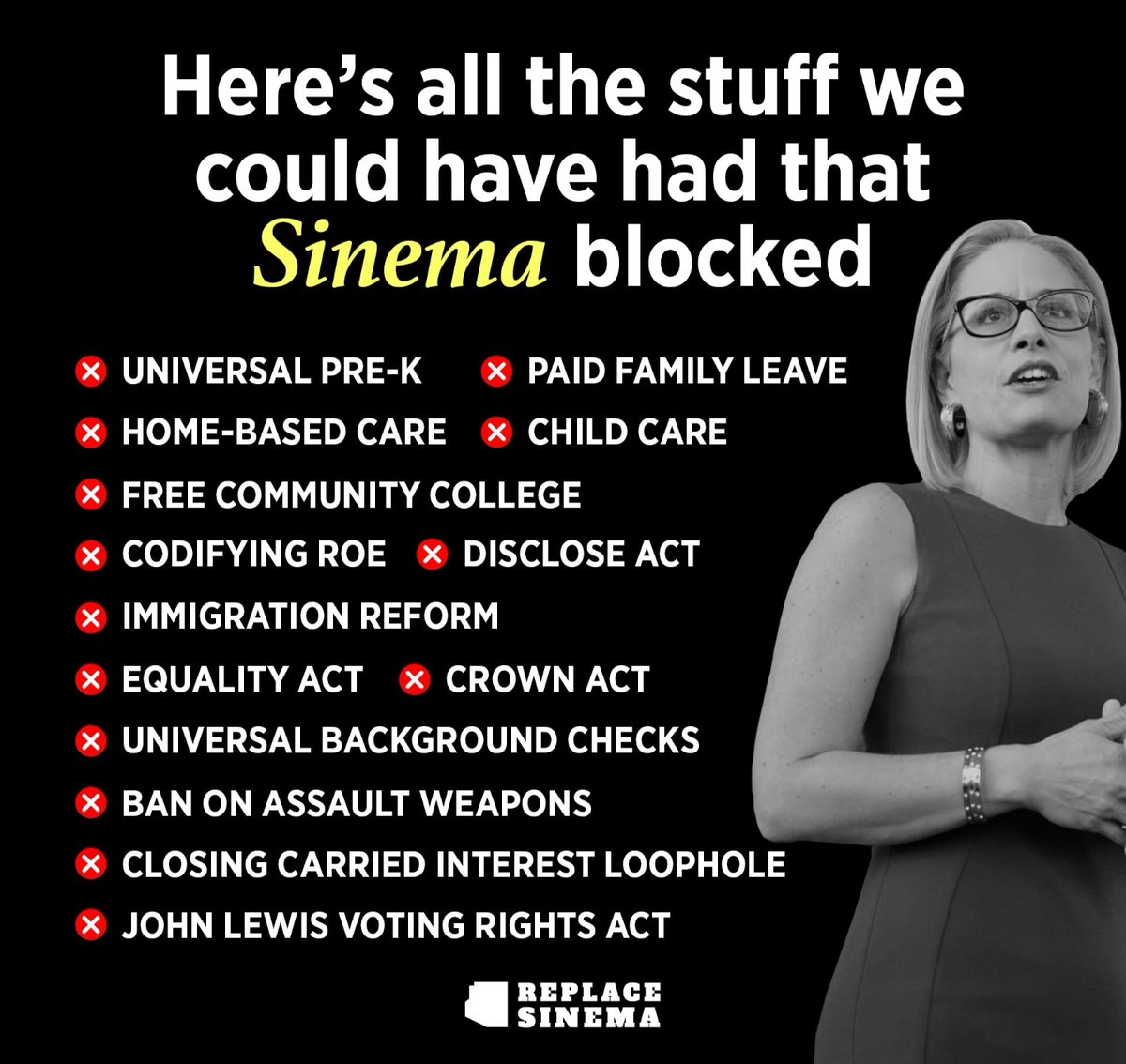 In 2024, let's replace Sen. Kyrsten Sinema with Democrat @RepRubenGallego and prove to Arizonans that democracies deliver. Sinema left the Democratic Party last year after refusing to support the Voting Rights Act and codify Roe. She let most Americans down with her actions.