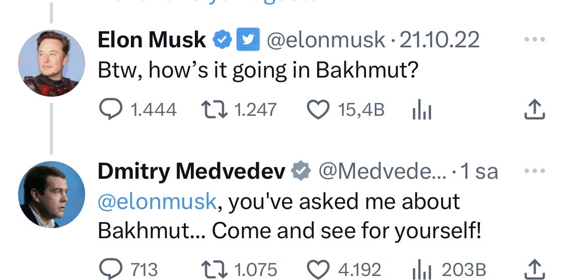 Medvedev Elon Musk’ı darlıyor 😂

- Bakhmut nasıl gidiyor?
- Gel ve kendin bak