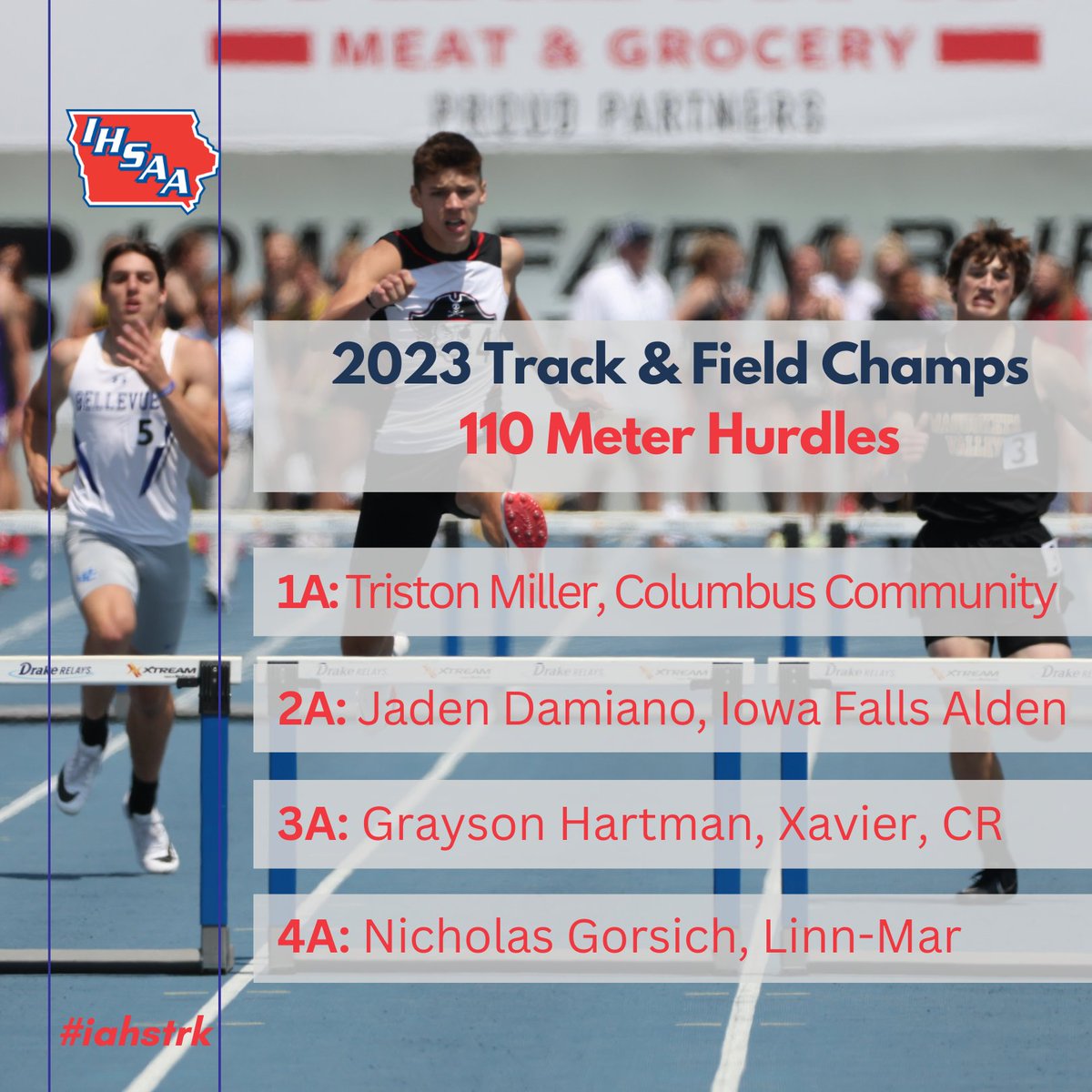 IHSAA's tweet photo. Another great event for the 110m Hurdles at #iahstrk! Jaden Domiano earned his second consecutive state title. 

🎽https://t.co/HynQwdbwff https://t.co/AizuH4RcXu