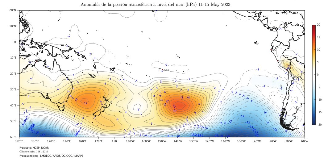 Arturoleo2009's tweet image. La última actualización del Anticiclón del Pacífico del Sur Oriental
( #APSO), según análisis 
 @ImarpePeru 
hasta el 15 de mayo 2023.