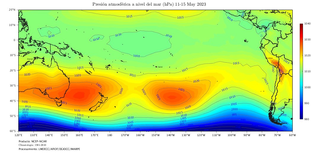 Arturoleo2009's tweet image. La última actualización del Anticiclón del Pacífico del Sur Oriental
( #APSO), según análisis 
 @ImarpePeru 
hasta el 15 de mayo 2023.