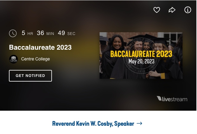Today, the College will celebrate a Baccalaureate service for the students and their families, with the Reverend Kevin W. Cosby '01 as the featured speaker. 

To watch a livestream of the ceremony, visit the link below. 🎓 #CentreGrad23

centre.edu/news/centre-co…