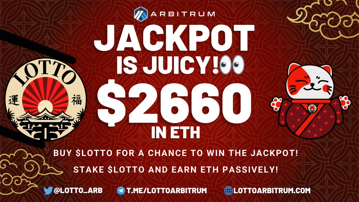 PlayLottoFun's tweet photo. ♦️♠️ JACK POT ♥️♣️

🤩 Buy $LOTTO for a chance to WIN the JackPot!

🎲 $100 Buy ~ 1%
$1000 Buy ~ 10%

🏆 Current Jackpot: 1.4610 ETH ($2,659.69)👀

🎲 Are You Feeling Lucky? 👇
https://t.co/vde6BY9y29

#Arbitrum #ETH @arbitrum @CamelotDEX https://t.co/5Ih9leIfVZ