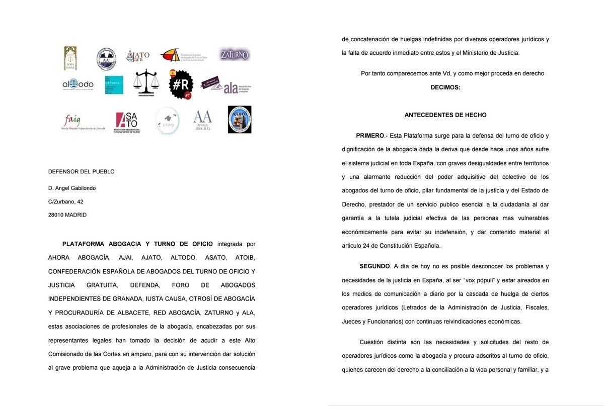 AbogaciayTurno's tweet photo. COMUNICADO 20/5/2023. Este pasado jueves, la Plataforma de la Abogacía y el Turno de Oficio, ha presentado QUEJA / DENUNCIA ante el Defensor del Pueblo español https://t.co/vyypBhMwnV