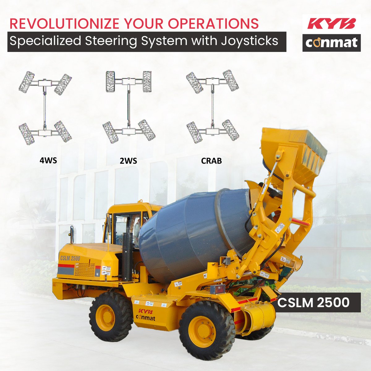 ConmatGroup's tweet image. #CSLM2500 from #KYBConmat offers enhanced efficiency with specialised mixing blades and quick discharge, spillage-free charging through a powered shovel gate, and versatile manoeuvrability with four-wheel steering in tight spaces.

#steeringsystem #selfloadingmixer #equipment
