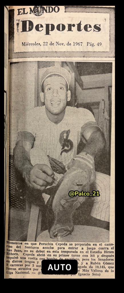 Palco_21's tweet photo. #OrlandoCepeda #PERUCHIN #NLMVP1967 *Noviembre 1967 el Jugador Más Valioso de la Liga Nacional juega con los CANGREJEROS del Santurce cElPeriodicoElMundoSJPR🇵🇷👇🏼 https://t.co/wiMdOE9YrU